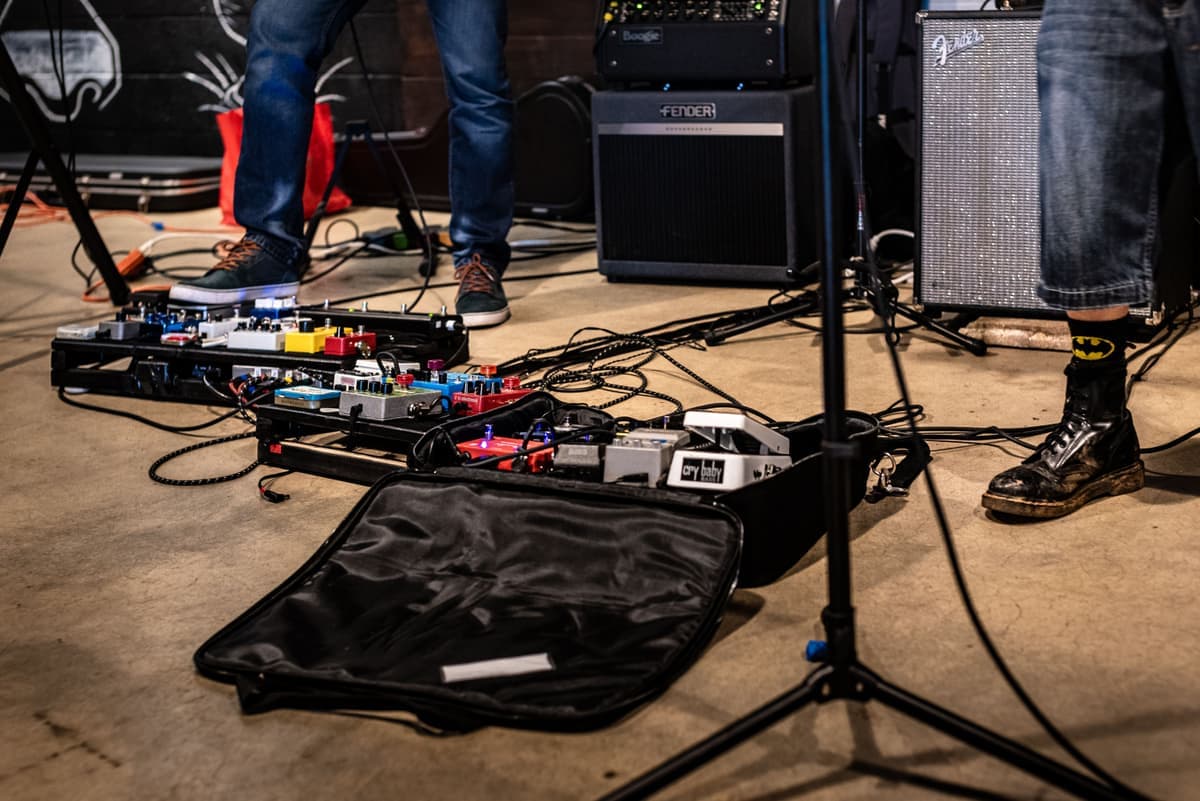 Two differently sized fuzz pedals photographed together