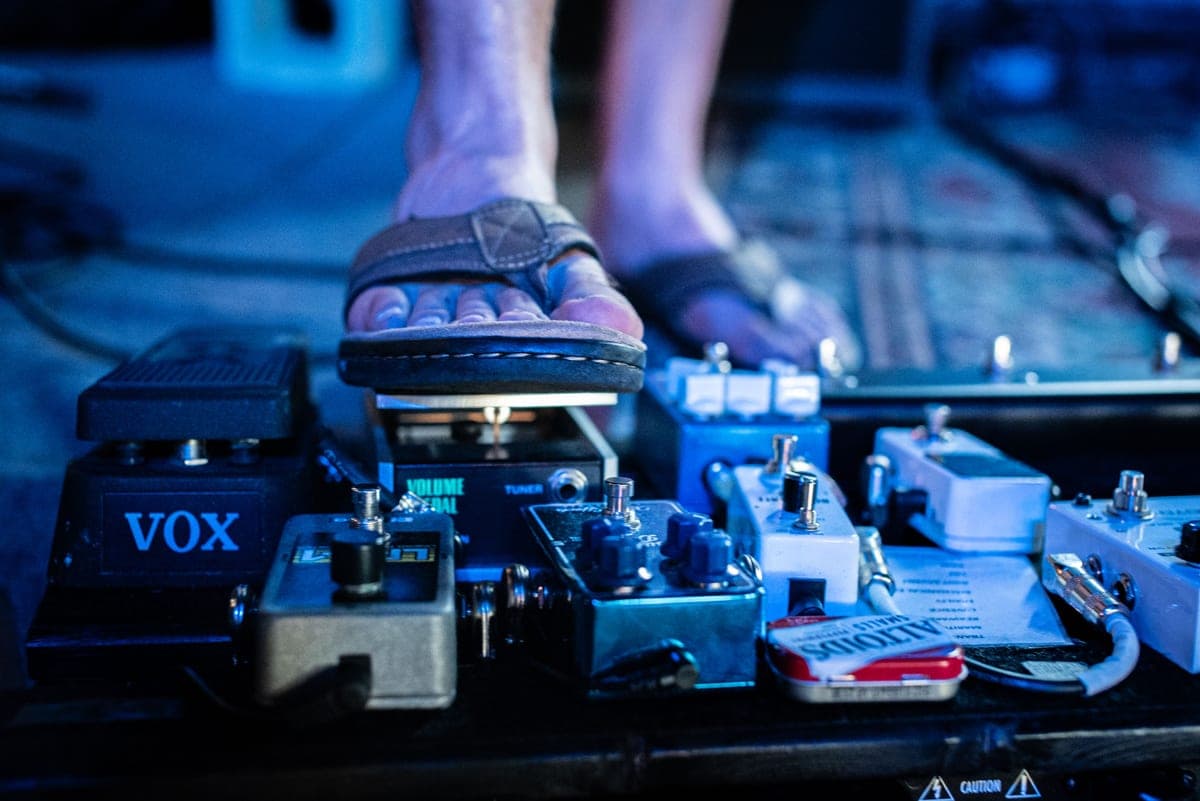 Several low-gain overdrive pedals arranged in a row